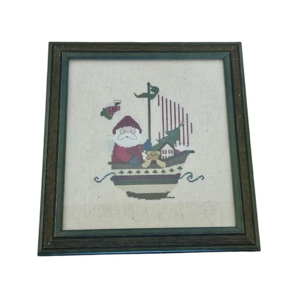 Vintage Santa Ship Cross Stitch Framed Needlepoint Christmas Folk Wall Hanging